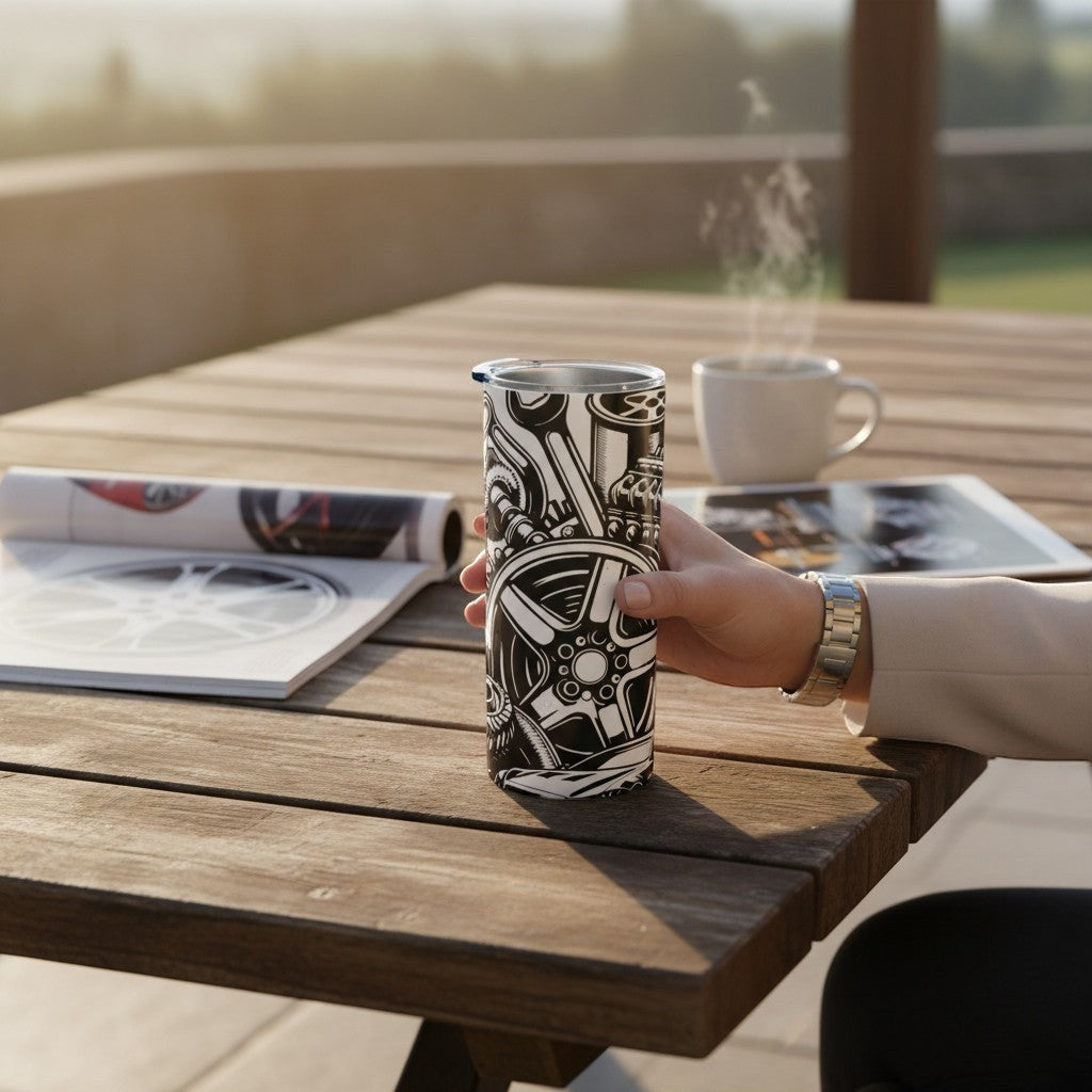 Person holding a black and white patterned tumbler on a wooden table with a magazine and coffee cup in the background.