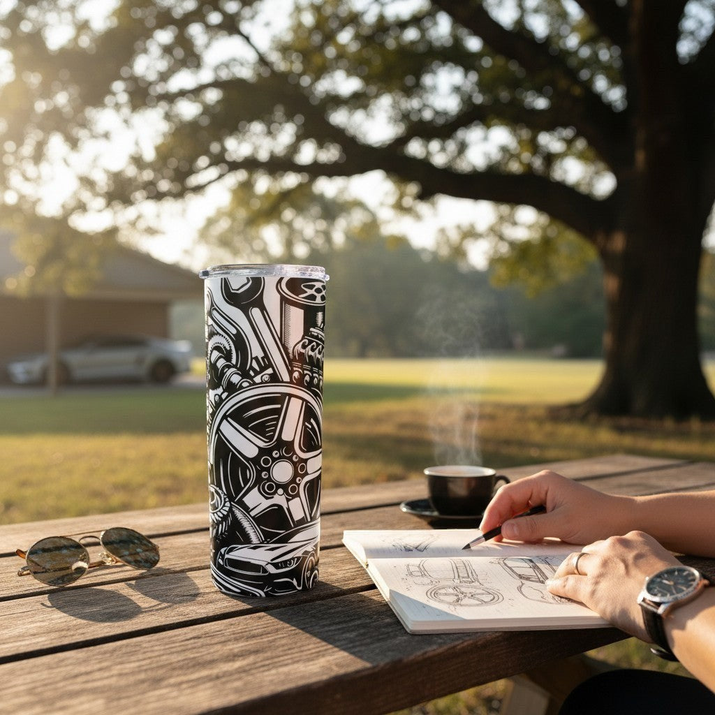 Person sitting at a wooden table outdoors with a decorated tumbler, sunglasses, and a coffee cup.