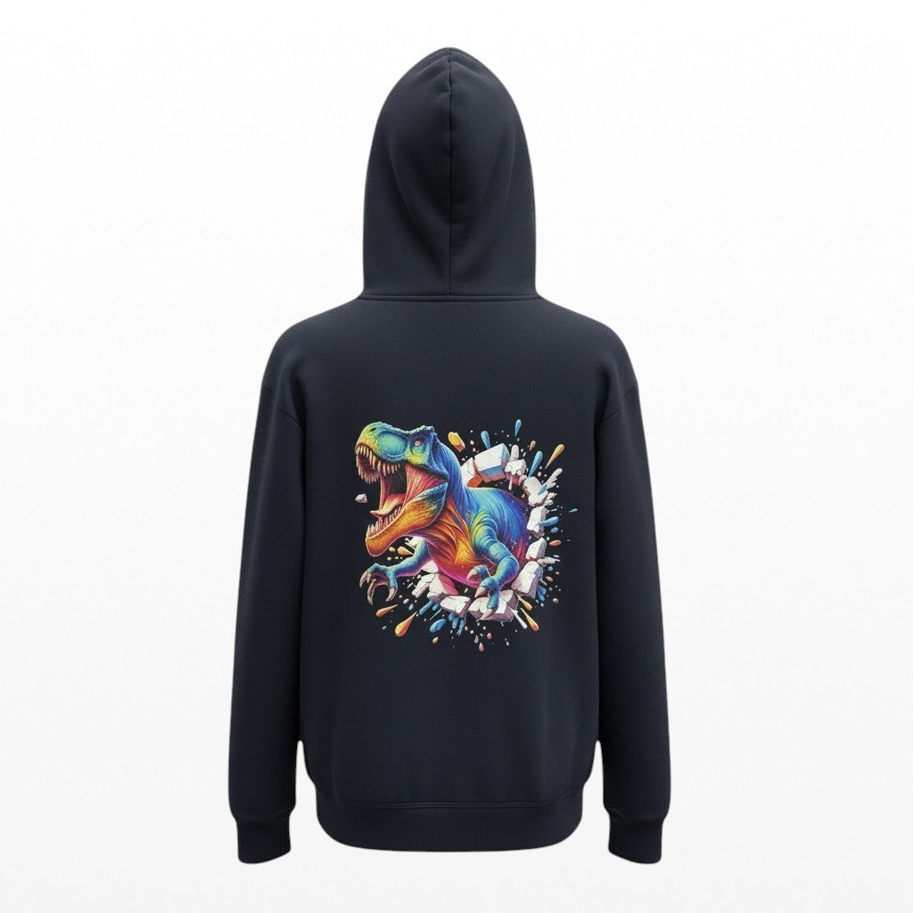 Black hoodie with a colorful dinosaur graphic on the back against a white background