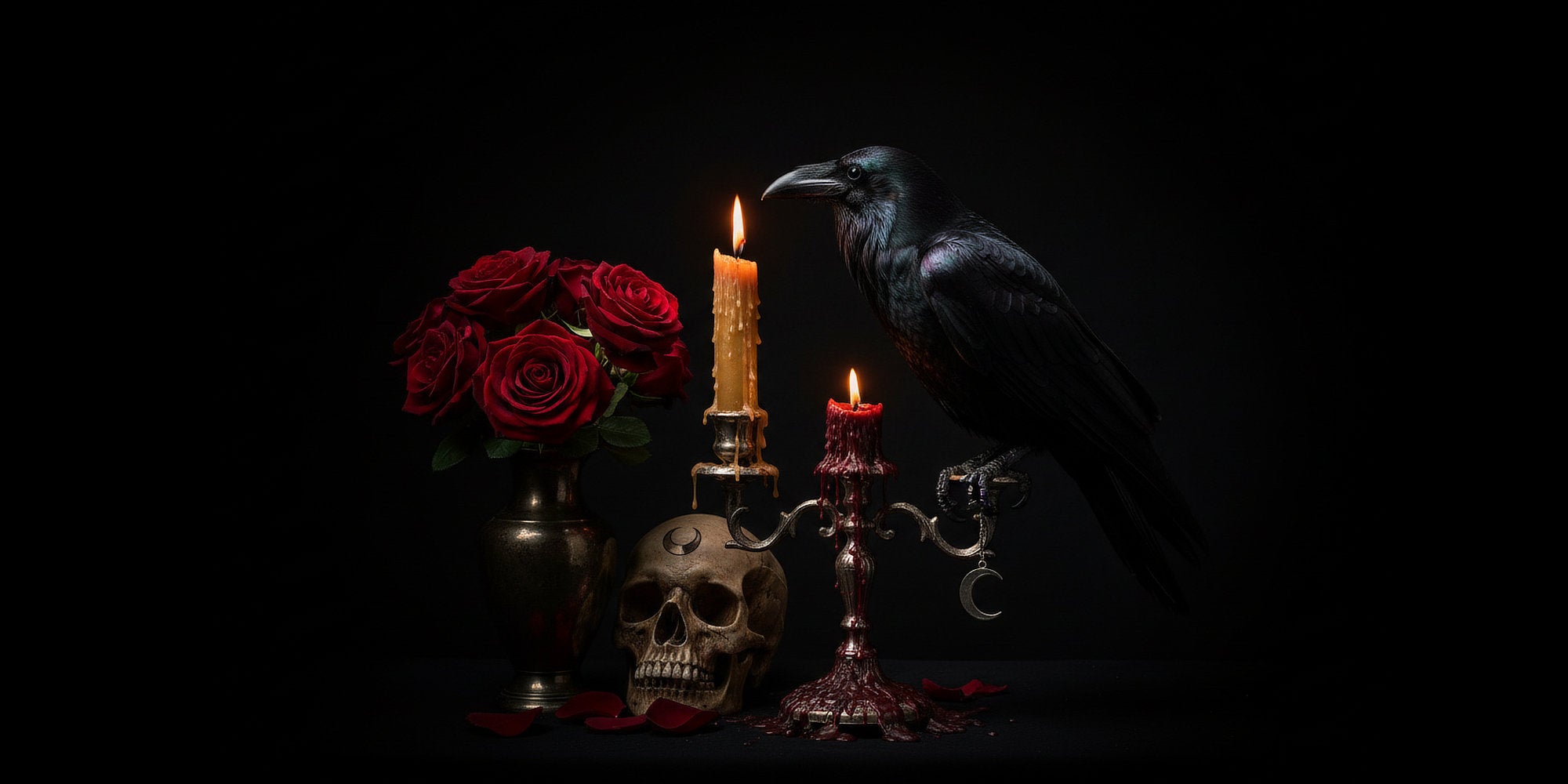 A gothic still life scene on a black background featuring a black raven perched beside a candle holder, a skull, red roses in a vase, and lit candles.