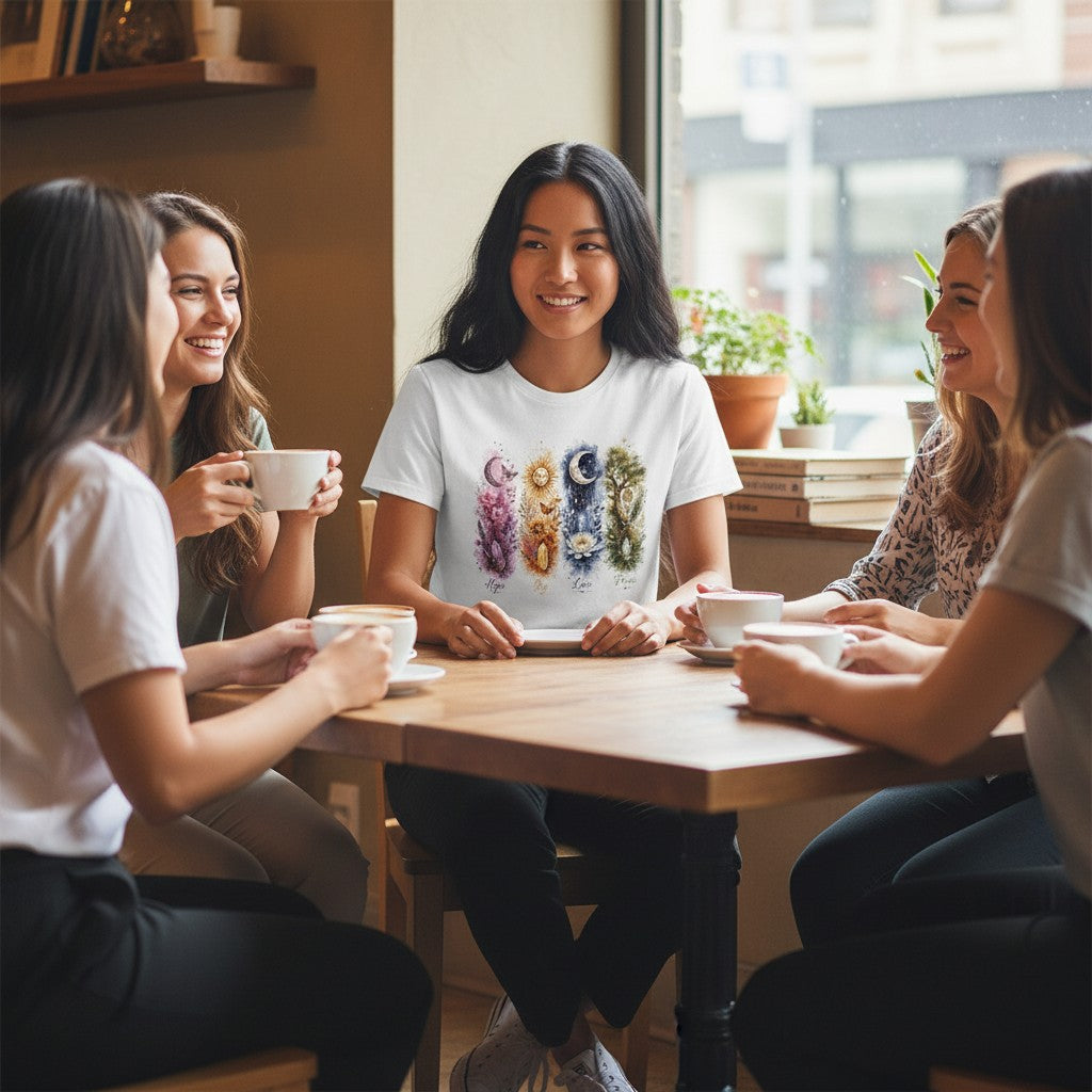 Four women sitting around a wooden table in a bright cafe, wearing a white t-shirt with a colorful graphic print of four nature images in different colours.