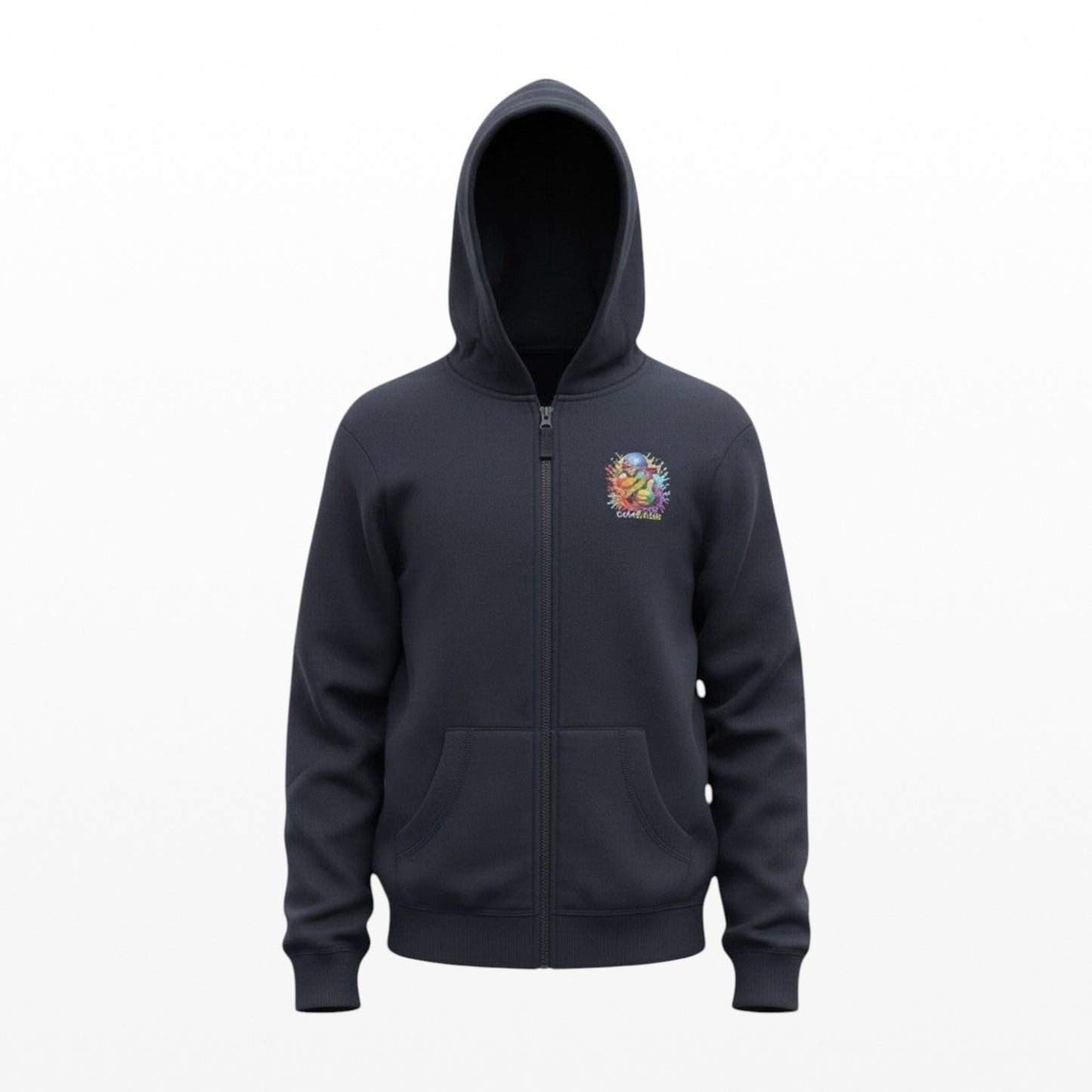 Black hoodie with a colorful logo on the chest against a white background
