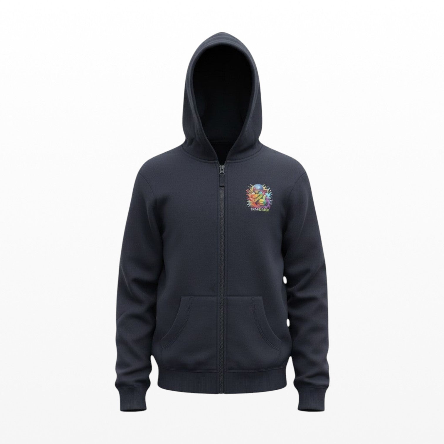 Black hoodie with a colorful logo on the chest against a white background