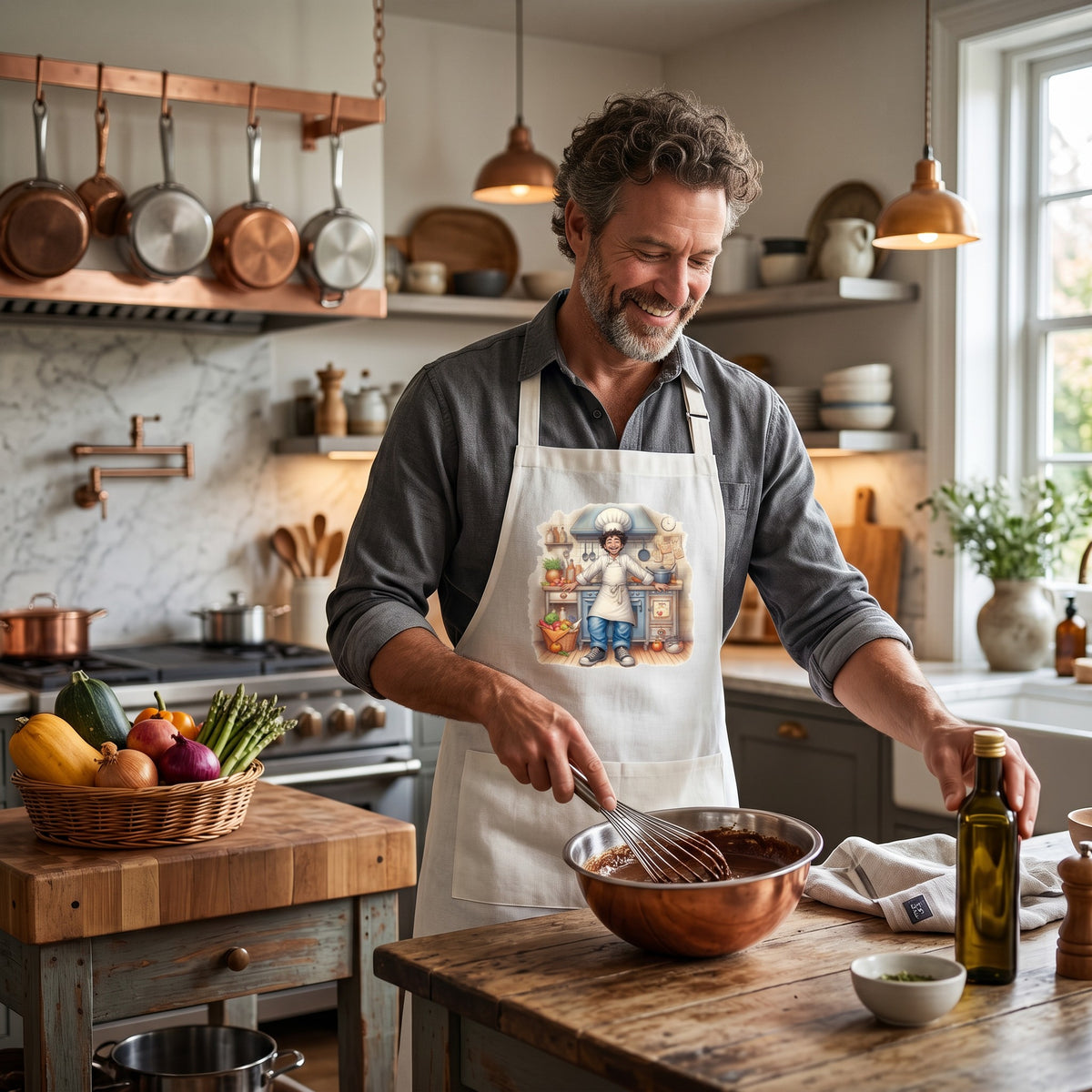 Man wearing an white baking apron with a chef illustration while whisking in a kitchen.