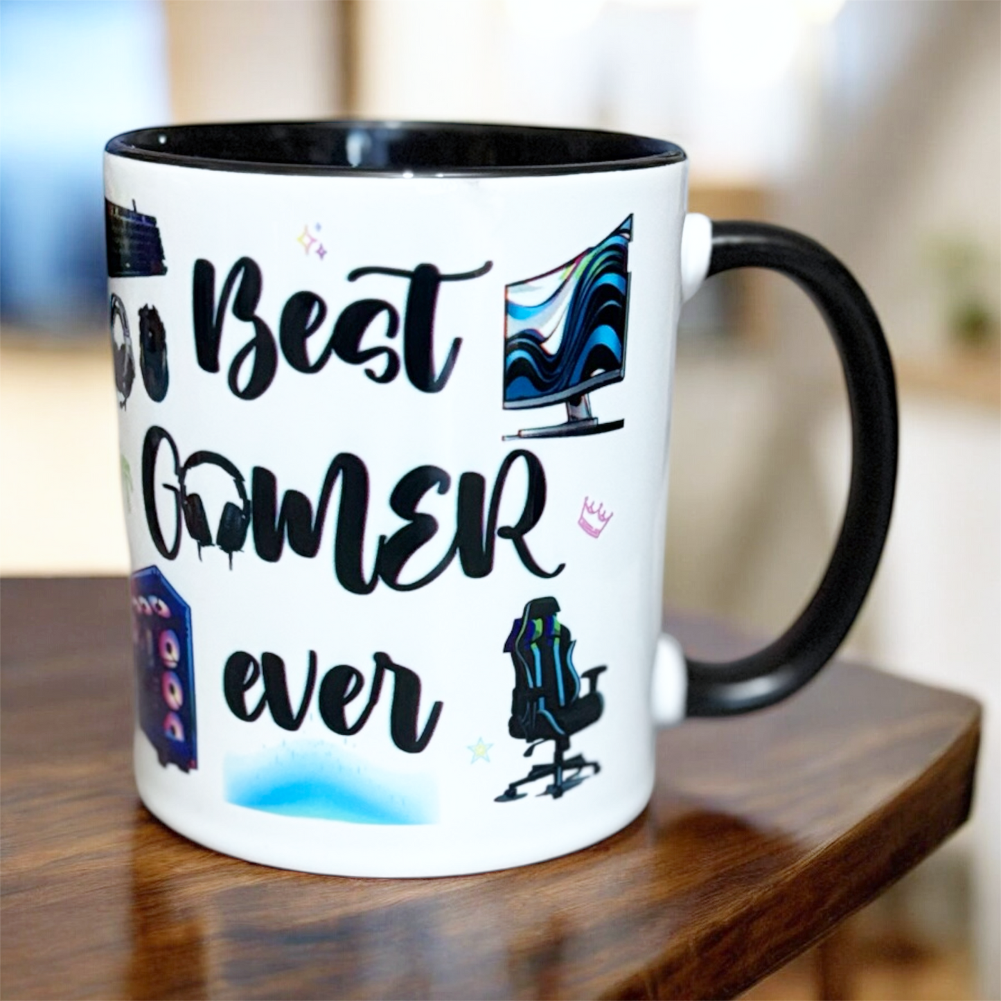 black inner and handle 2 tone mug with 'Best Gamer ever' text and gaming-themed illustrations hand printed in the UK