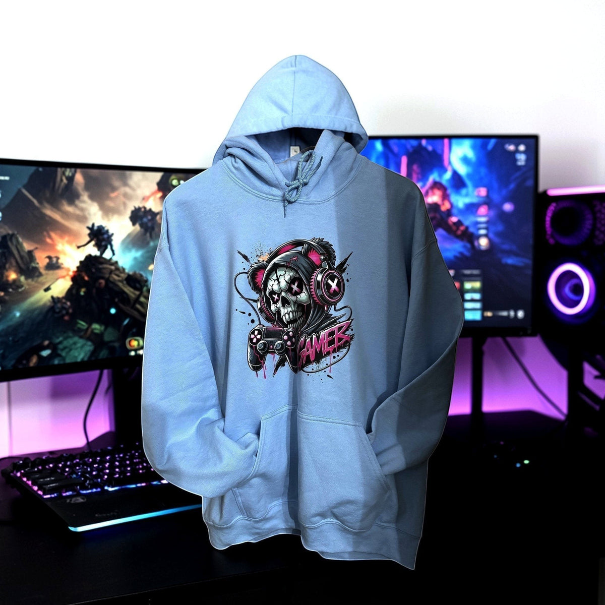 light blue hoodie with skull gamer image in games room