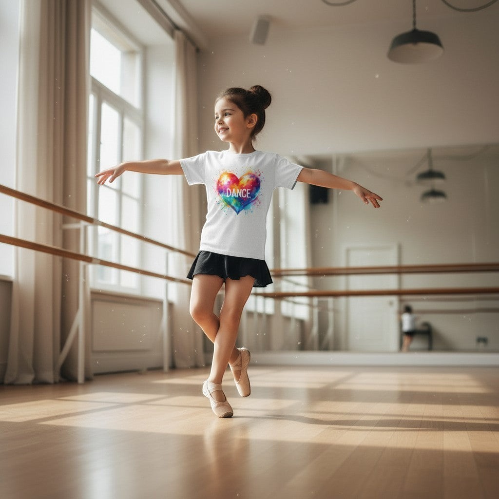 Young dancer in a studio wearing a 'DANCE' t-shirt with a colorful heart design.