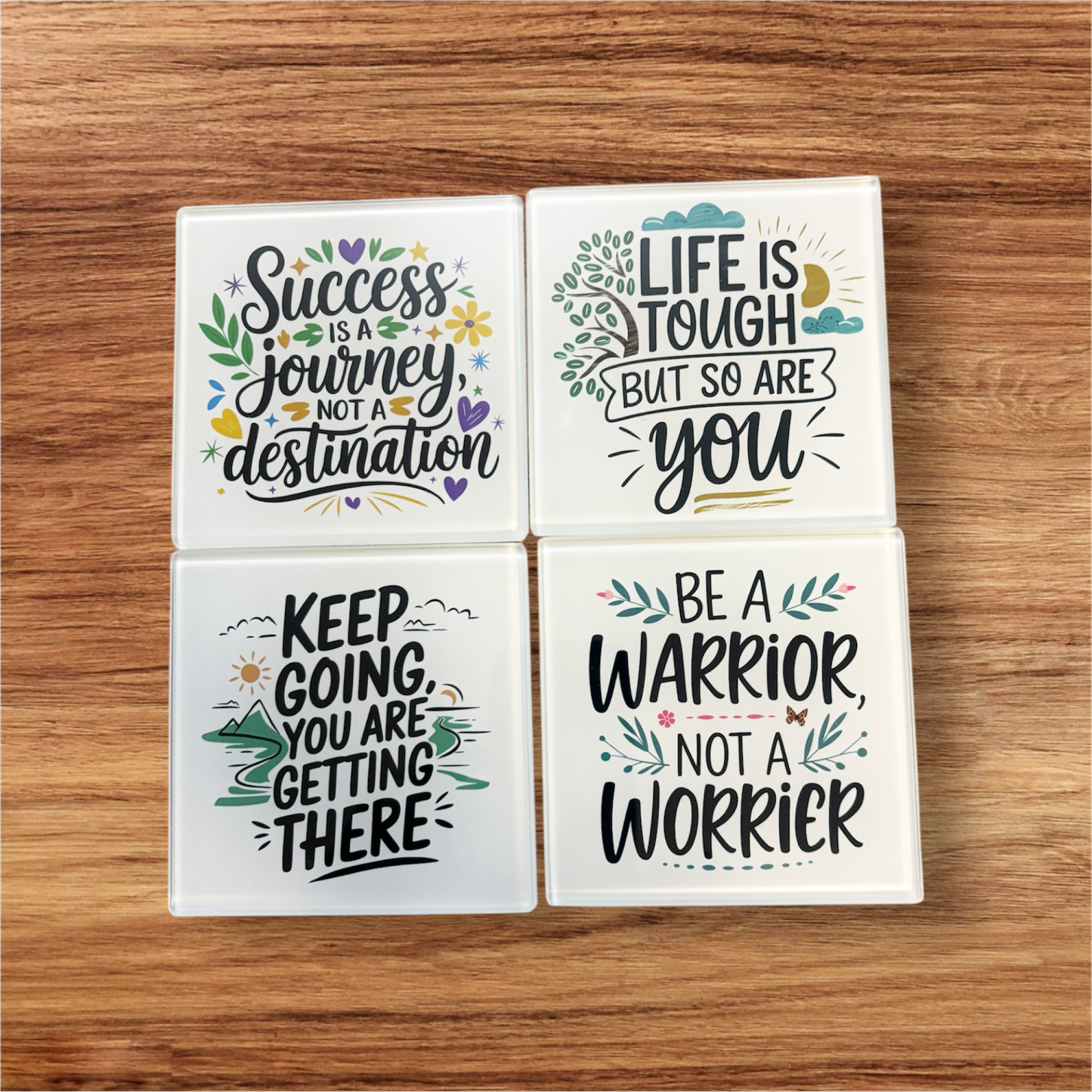 hand printed UK pack of 4 motivational square glass coasters 