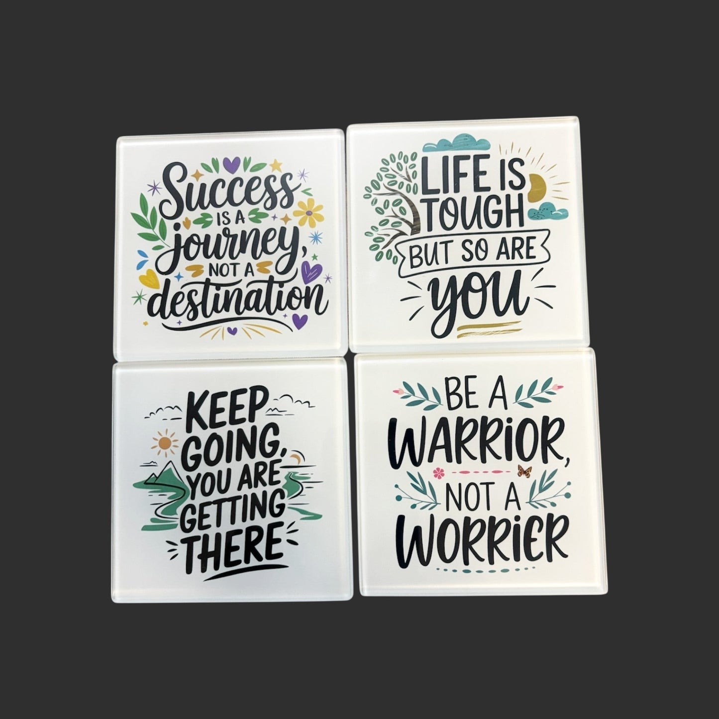 hand printed UK pack of 4 motivational square glass coasters