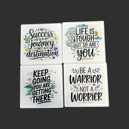 hand printed UK pack of 4 motivational square glass coasters