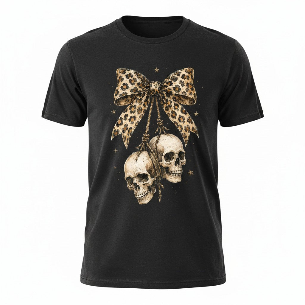 A black short-sleeve crewneck t-shirt featuring a graphic print of two hanging skulls suspended from a leopard-print bow, with small gold stars around them.