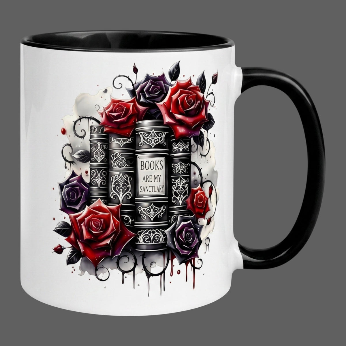 gothic ceramic mug with Books Are My Sanctuary design, red and black roses, black handle.