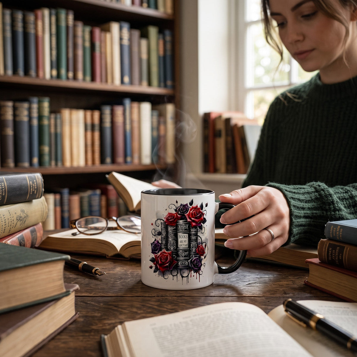 gothic two-tone black handle and inner ceramic mug with Books Are My Sanctuary design held by a woman in a library