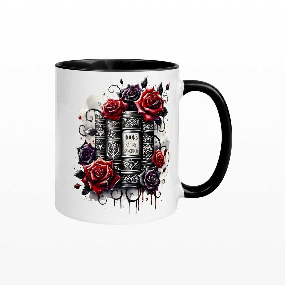 White ceramic mug, black inner and handle featuring a gothic Books Are My Sanctuary design with red and black roses.