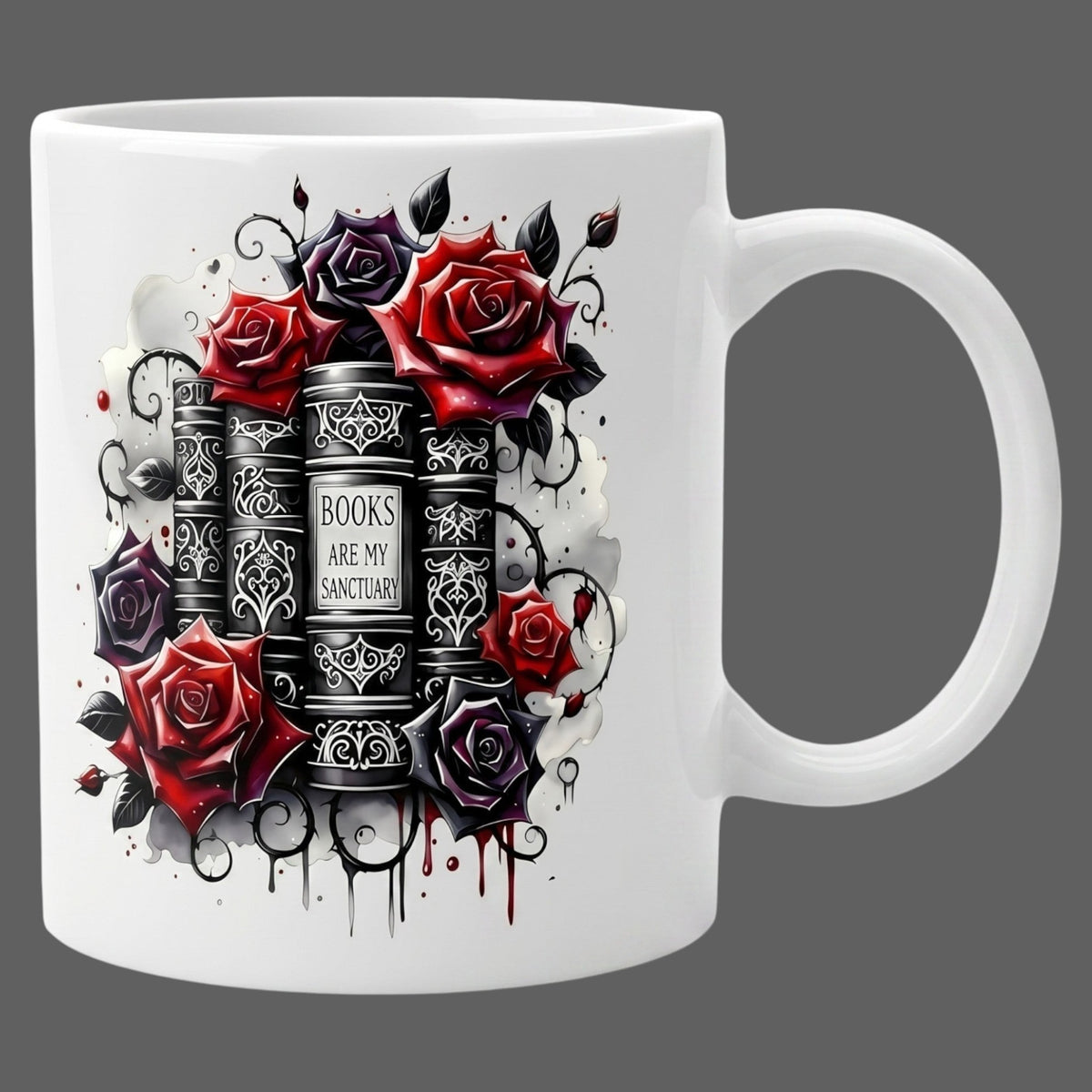 White ceramic mug featuring a gothic Books Are My Sanctuary design with red and black roses. Large view