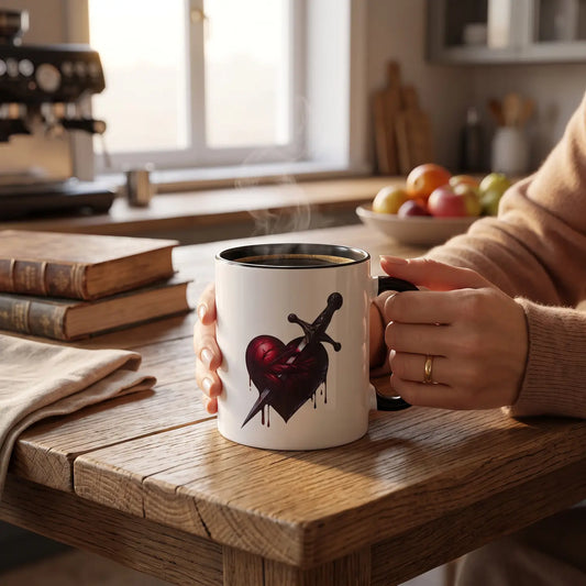 White ceramic mug with black handle showing a heart with a dagger through it, mug rested on a kitchen table 