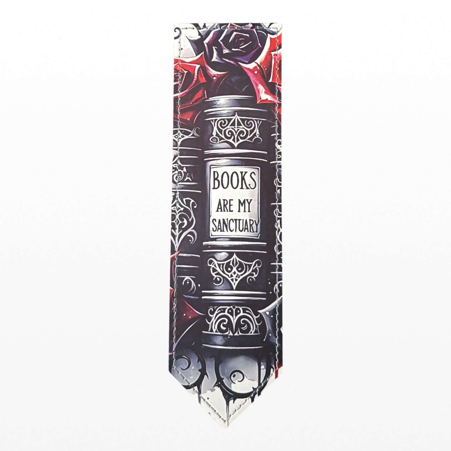 gothic PU leather bookmark featuring red roses and Books Are My Sanctuary, text. Perfect gift for book lovers.
