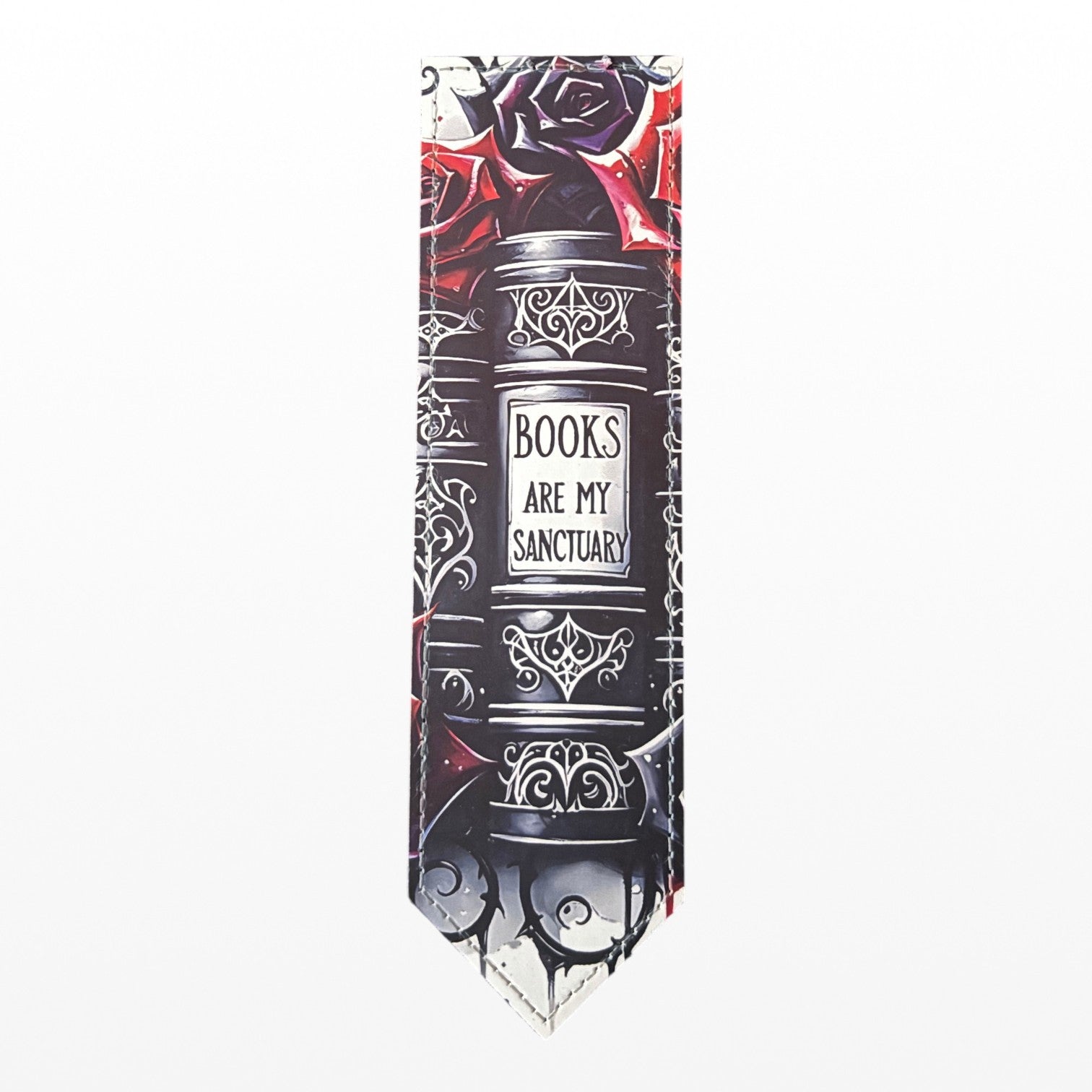 gothic PU leather bookmark featuring red roses and Books Are My Sanctuary, text. Perfect gift for book lovers.