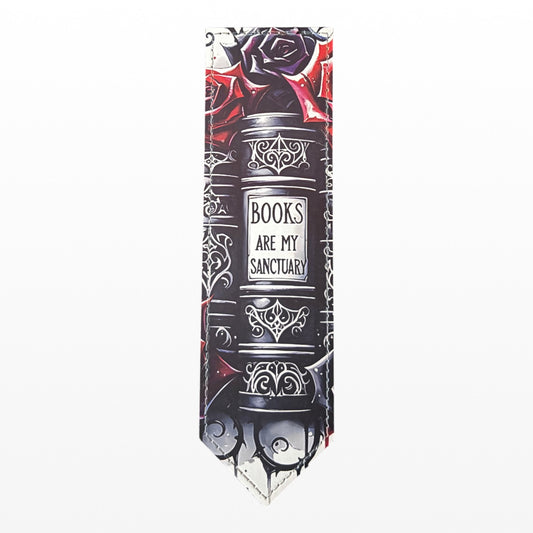 gothic PU leather bookmark featuring red roses and Books Are My Sanctuary, text. Perfect gift for book lovers.