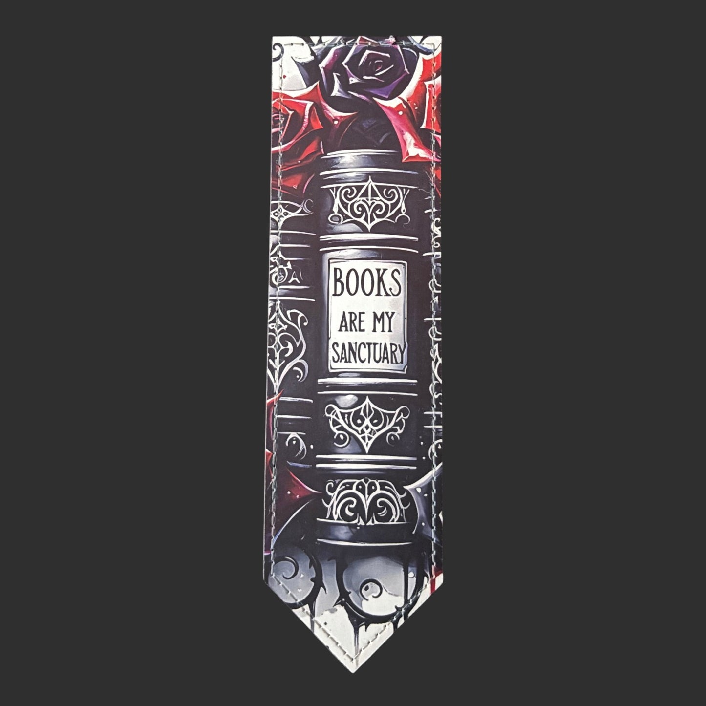gothic PU leather bookmark featuring roses and Books Are My Sanctuary text,  a lovely literary gift. 