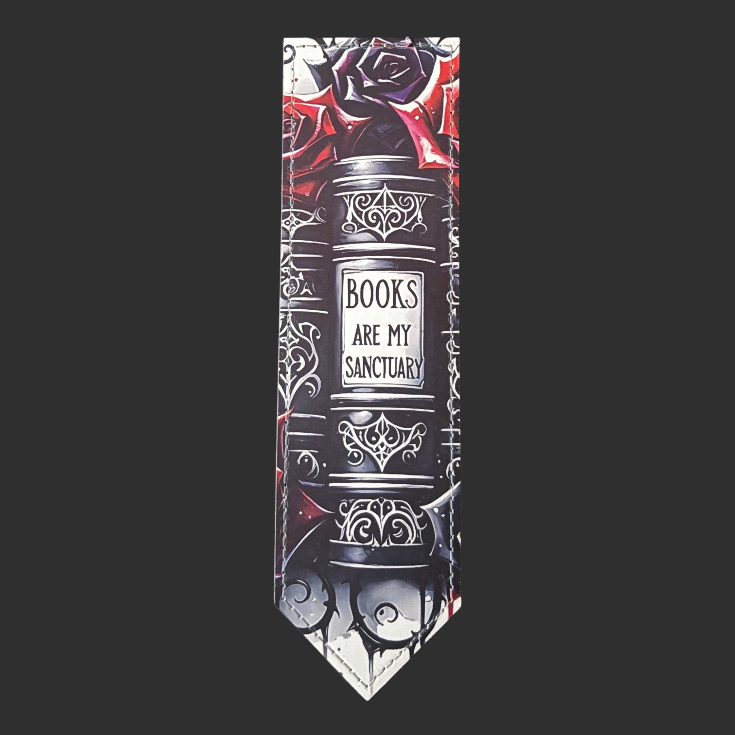 gothic PU leather bookmark featuring roses and Books Are My Sanctuary text,  a lovely literary gift. 