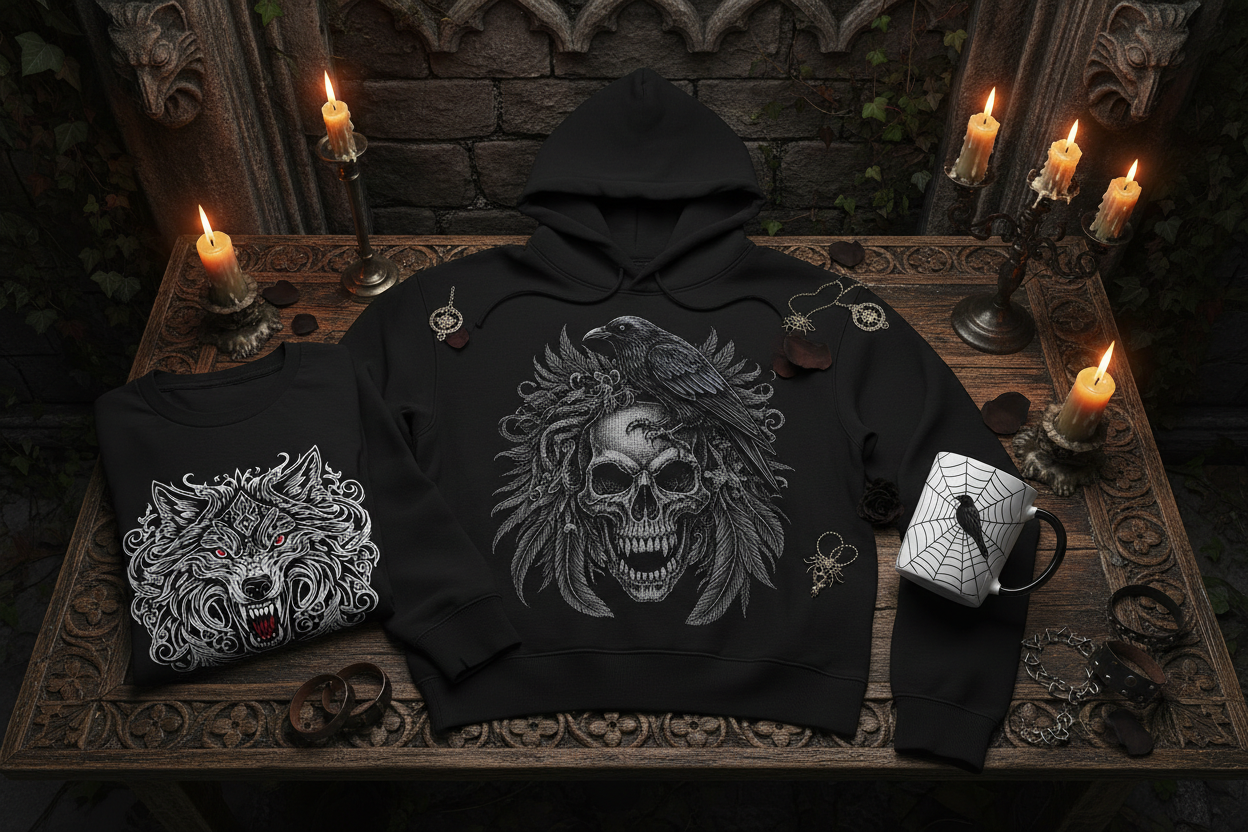 A gothic-themed flat-lay featuring a black hoodie with a large skull and raven graphic, a black t-shirt with a white wolf design, and a white mug with a spiderweb pattern, arranged on a carved wooden table with candles and dark gothic props.
