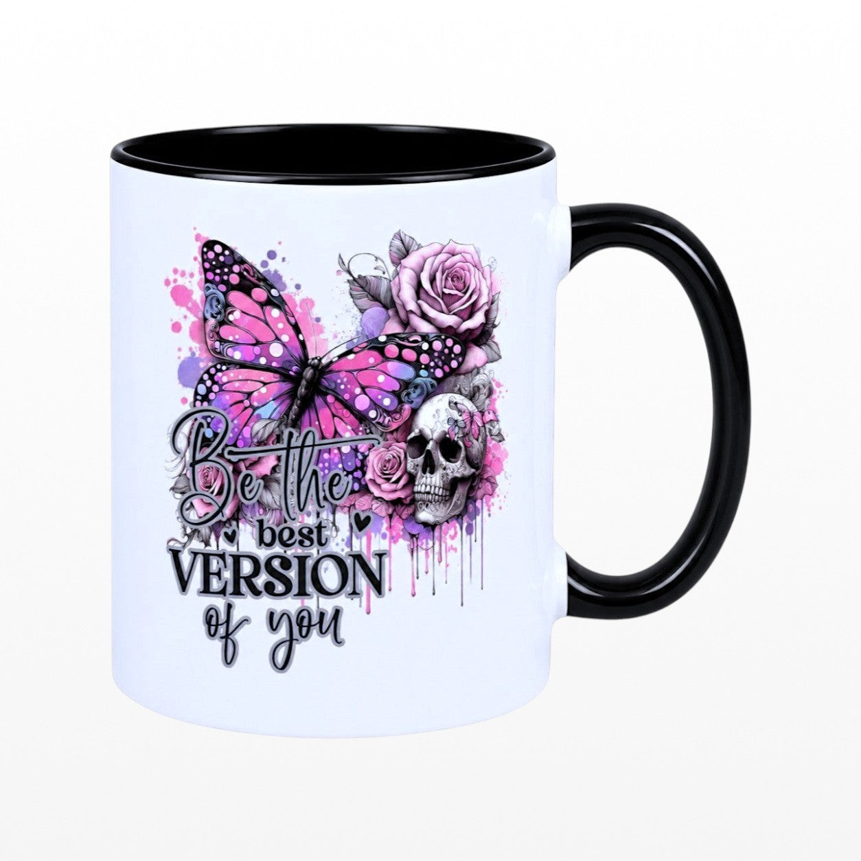 Gothic mug with pink butterfly, roses, and skull design on white ceramic with black handle