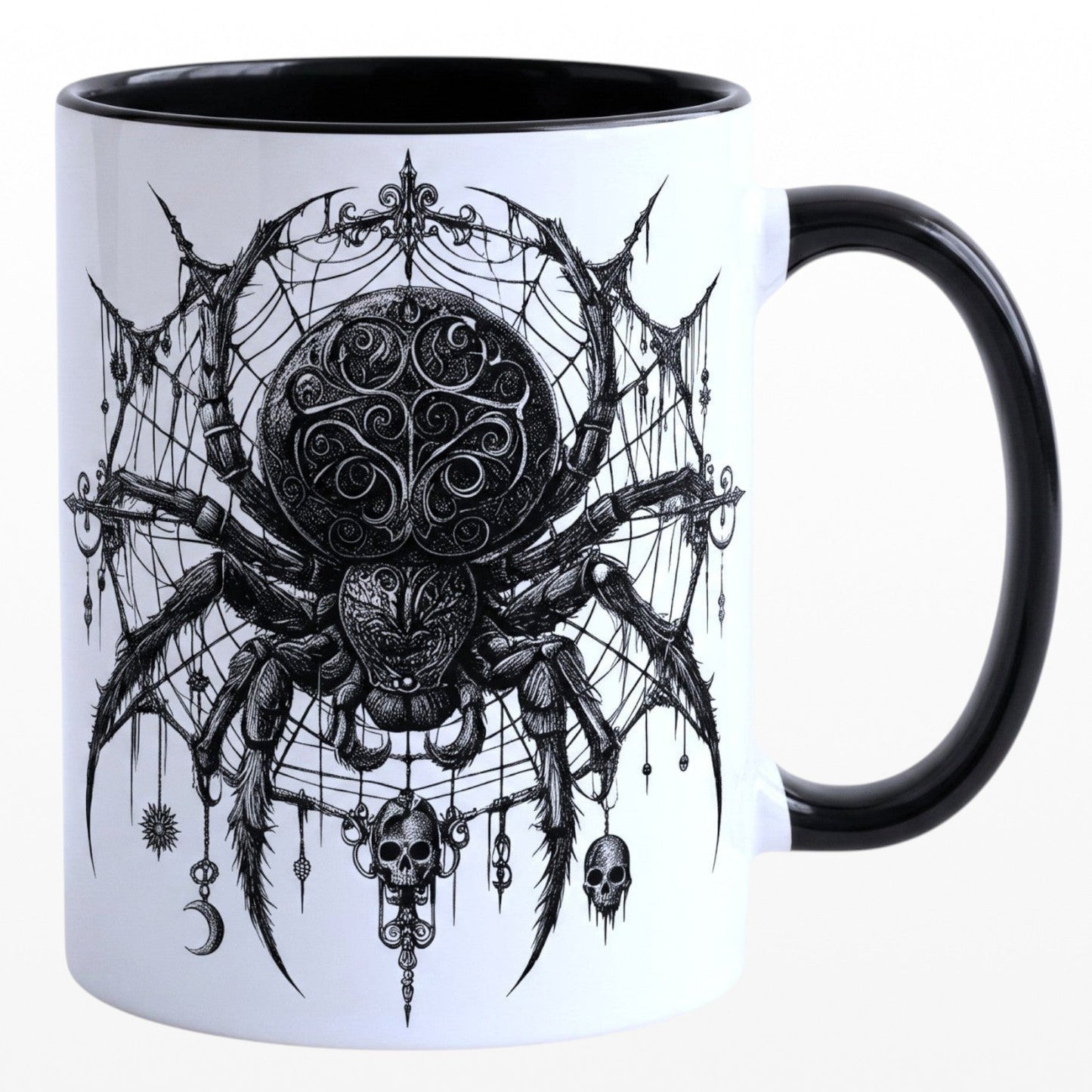 Ceramic mug featuring a detailed black spider, web, and skull design on a white background. Large View left
