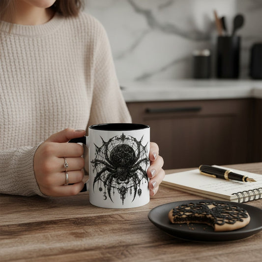 A person in a beige sweater holds a white ceramic mug with a black handle and a black spider graphic on the front, set on a wooden table in a kitchen environment.
