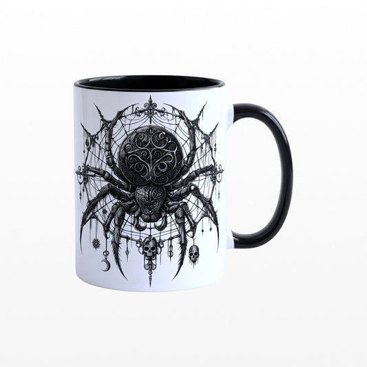Ceramic mug featuring a detailed black spider and web gothic design with a black handle
