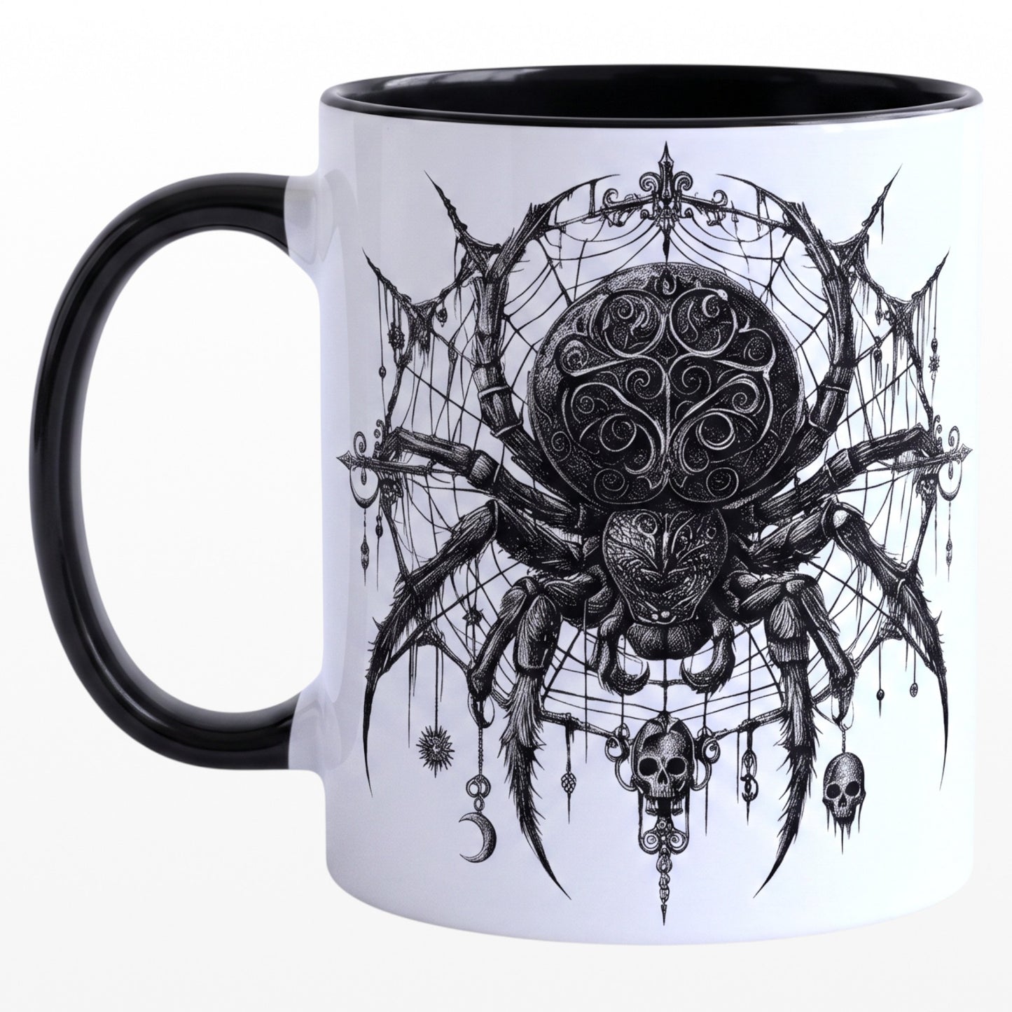 Ceramic mug featuring a detailed black spider and web gothic design with a black handle. Large view right