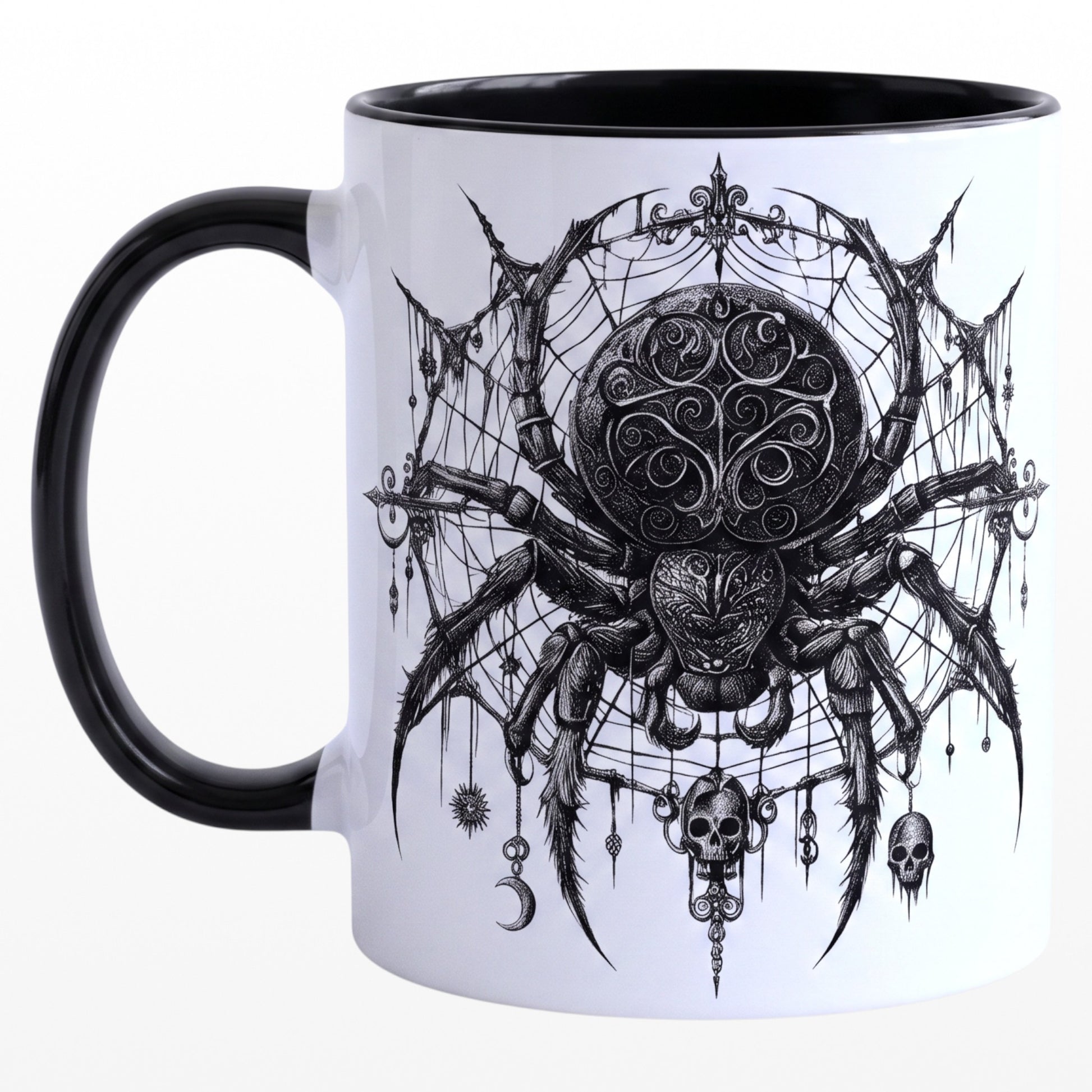Ceramic mug featuring a detailed black spider and web gothic design with a black handle. Large view right