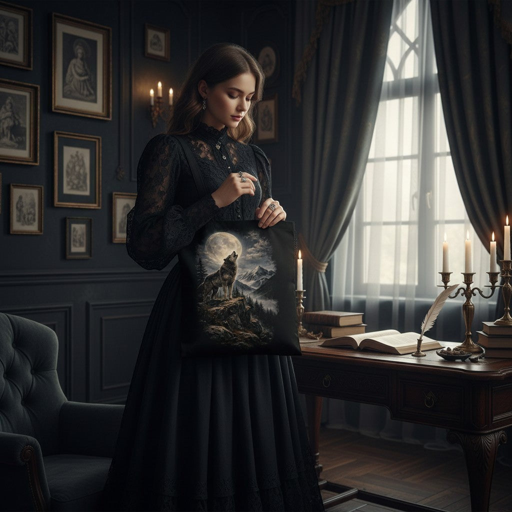 Woman holding a canvas wolf tote bag in a dark room with candles and books.