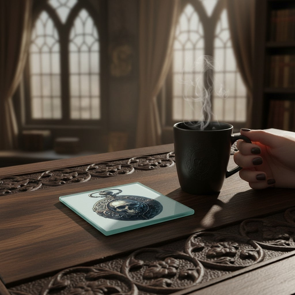 gothic skull glass coaster on wooden table in a gothic room