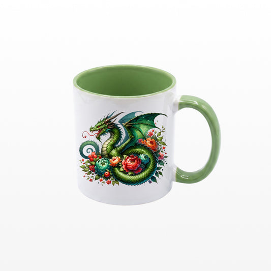 11oz ceramic light green mug with a detailed green dragon and floral design on a white background