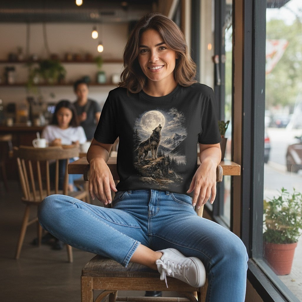 Woman wearing a black t-shirt with a wolf graphic design in a cafe.