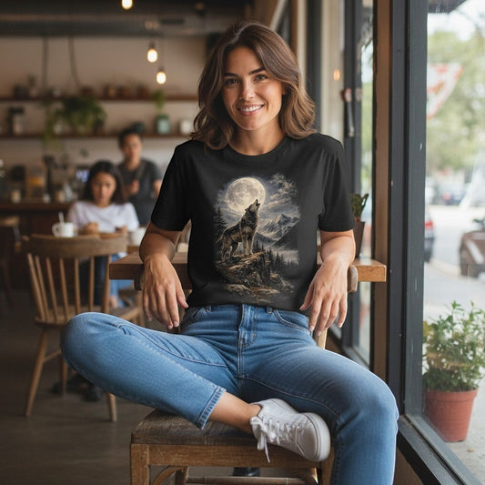 Woman wearing a black t-shirt with a wolf graphic design in a cafe.