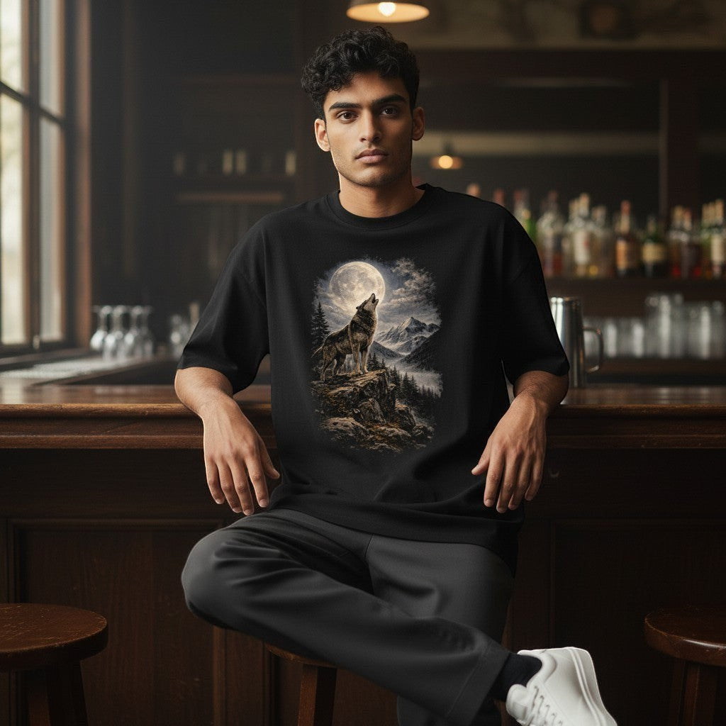 Person wearing a black sweatshirt with a wolf graphic in a bar setting