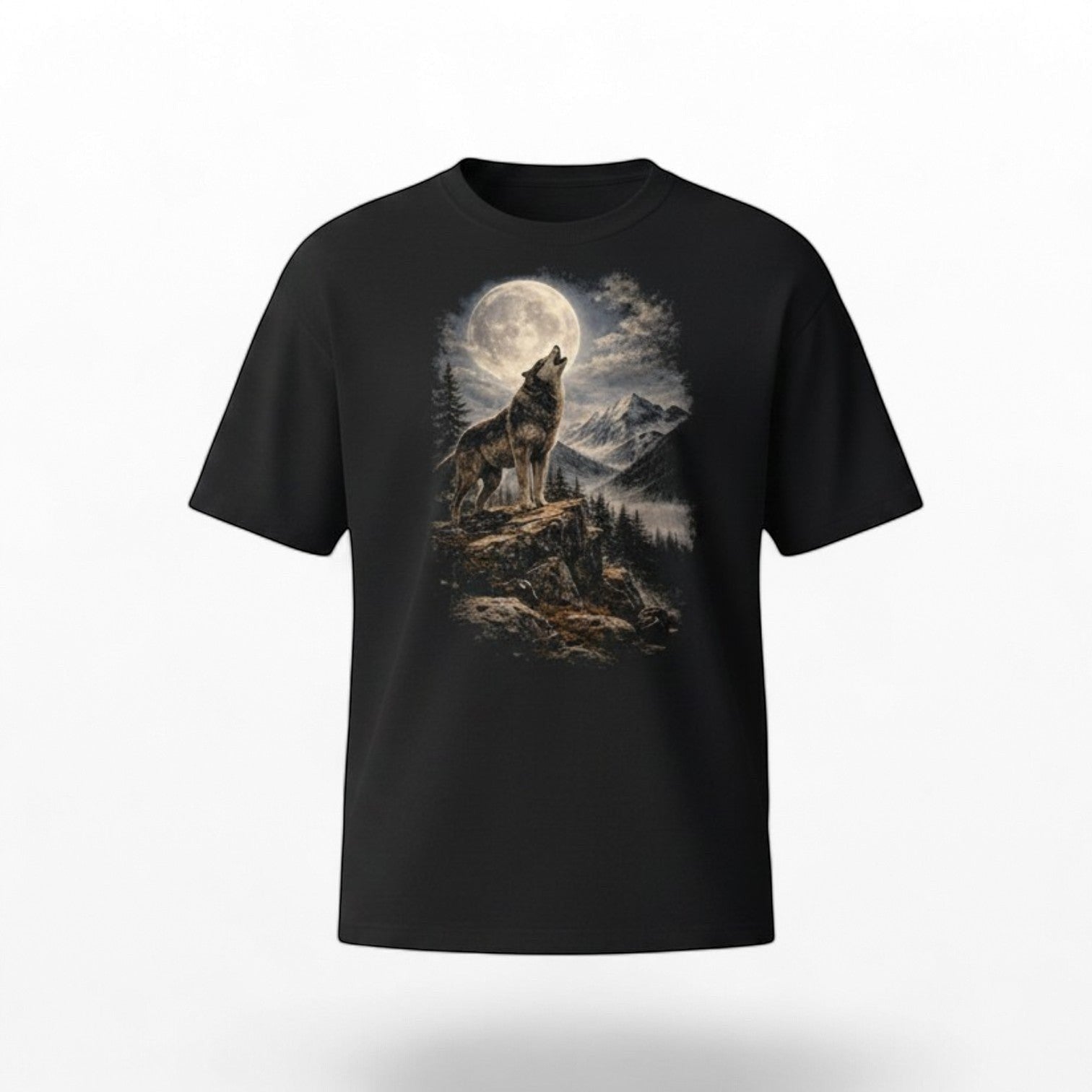 Black t-shirt with a graphic of a wolf howling at the moon on a mountainous landscape.