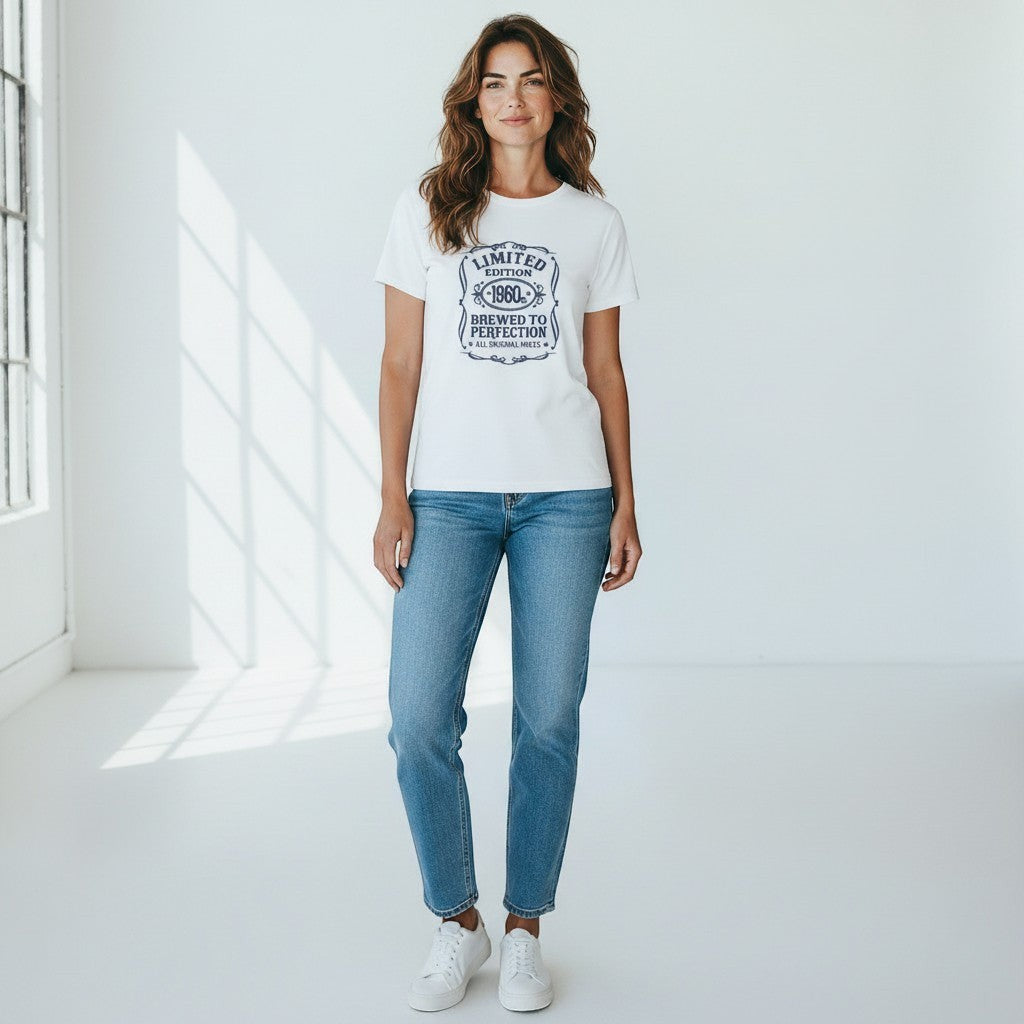 Illustrated Solutions Store white cotton t-shirt with navy blue graphic print reading "Limited Edition 1960s Brewed to Perfection All Original Parts"