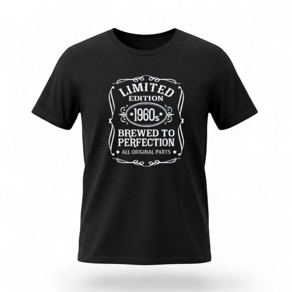 Illustrated Solutions Store black cotton t-shirt with "Limited Edition 1960s Brewed to Perfection All Original Parts" graphic print.