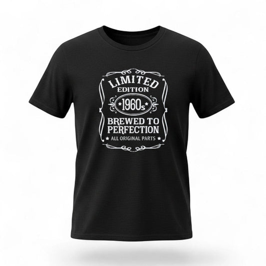 Illustrated Solutions Store black cotton t-shirt with "Limited Edition 1960s Brewed to Perfection All Original Parts" graphic print.