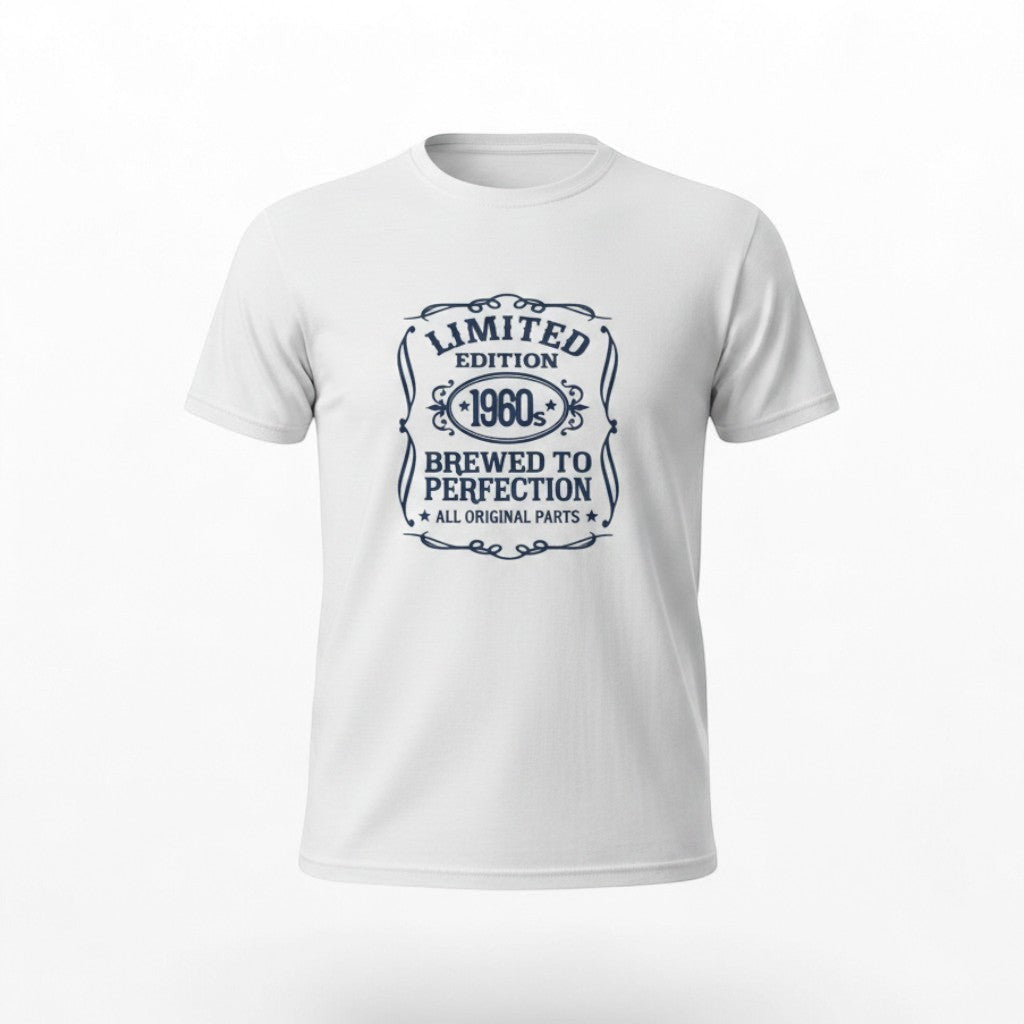 Illustrated Solutions Store white cotton t-shirt with navy blue graphic print 'Limited Edition 1960s Brewed to Perfection All Original Parts'