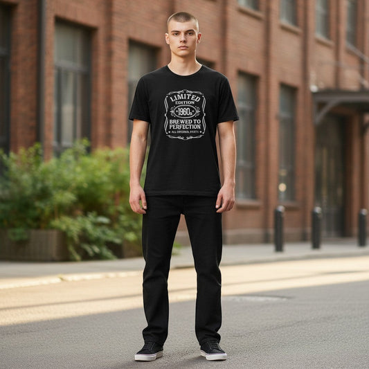 Illustrated Solutions Store black cotton t-shirt with "Limited Edition 1960s Brewed to Perfection All Original Parts" graphic.