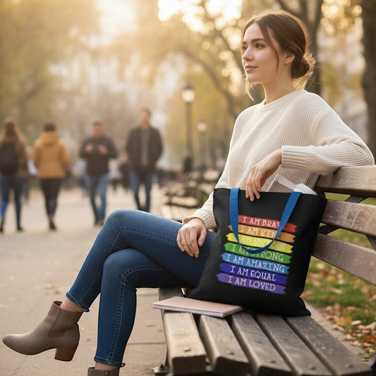 Illustrated Solutions Store black tote bag with rainbow stripes and affirmations like "I Am Brave" and "I Am Loved".