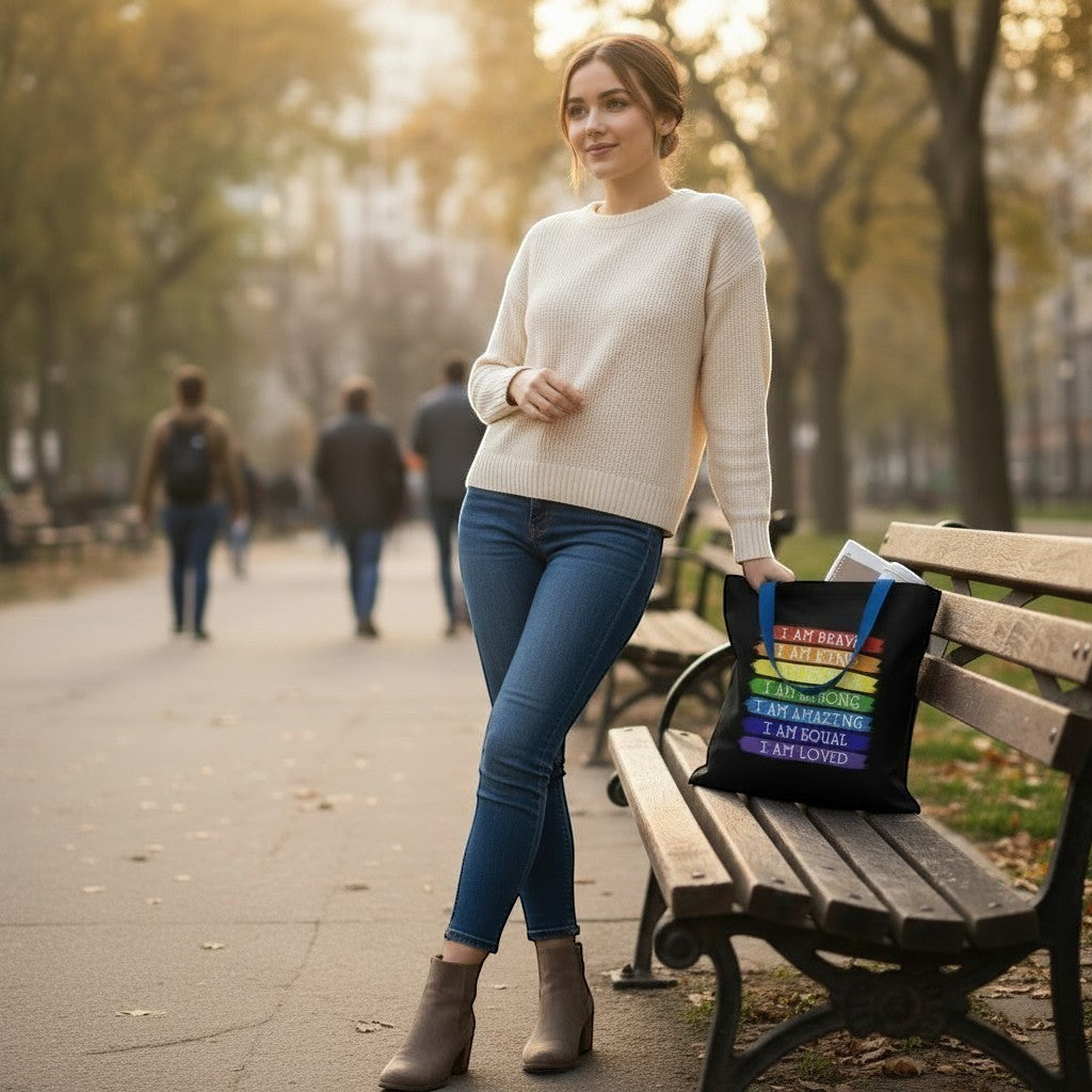 Illustrated Solutions Store black tote bag with rainbow stripes and affirmations like "I Am Brave" and "I Am Loved". Model leans on a park bench.