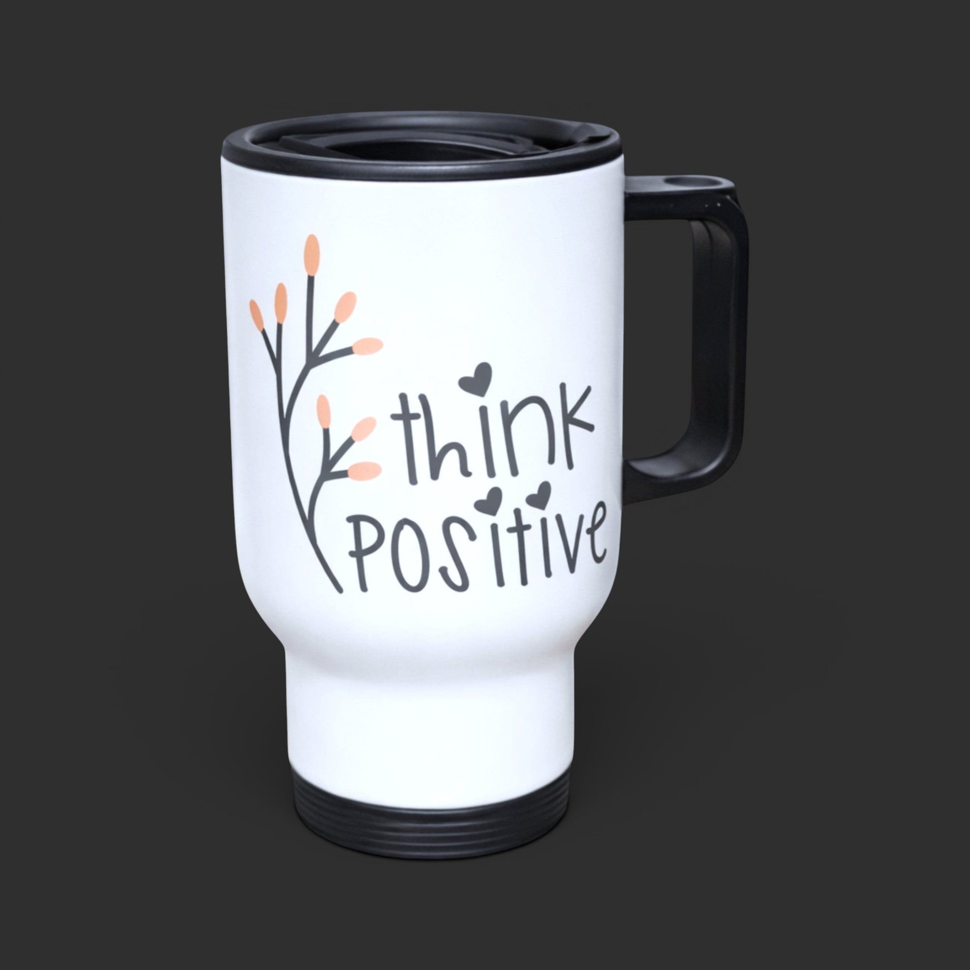 Illustrated Solutions Store white travel mug with black lid and handle, featuring