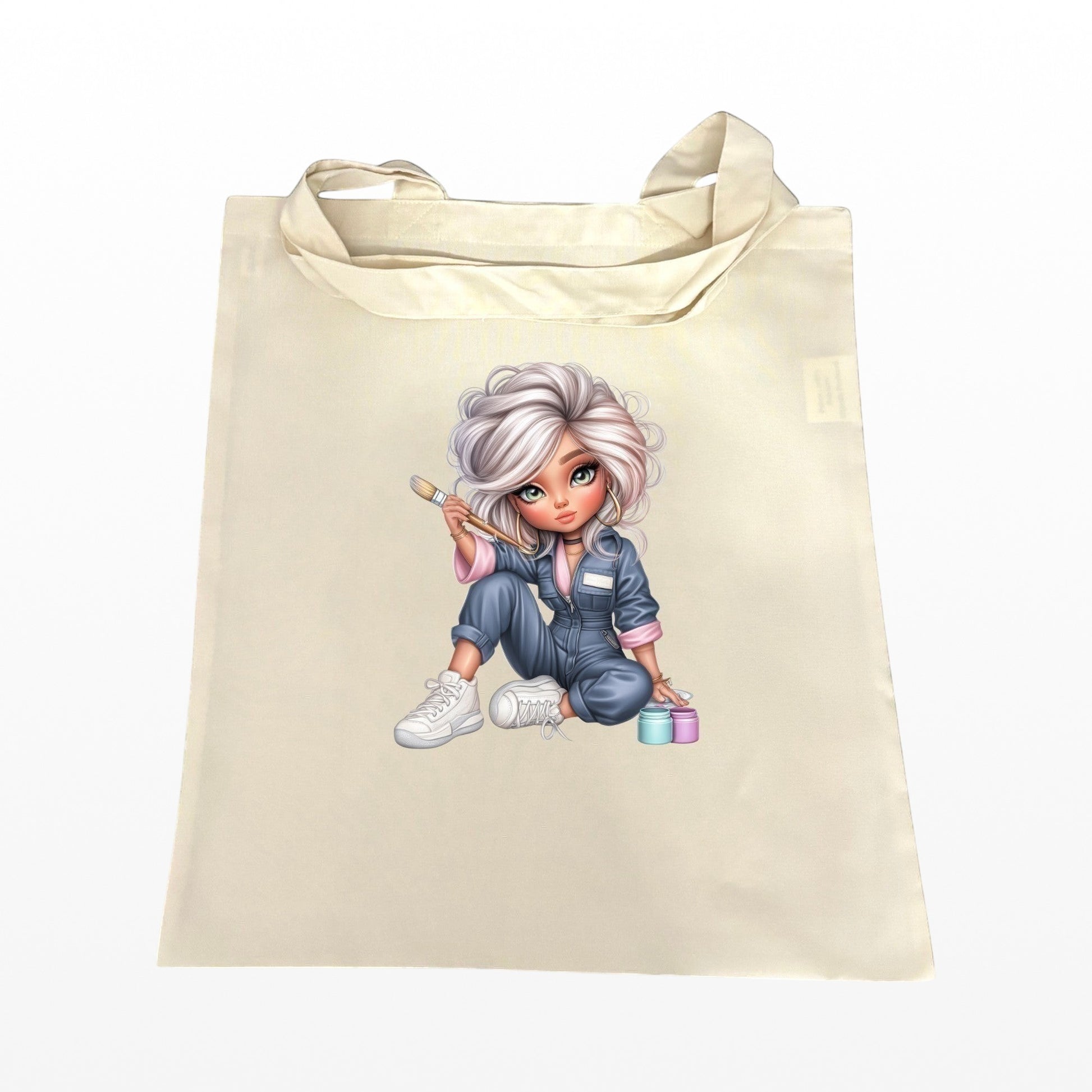 Illustrated Solutions Store natural canvas tote bag featuring a cute artist character with a paintbrush and paint pots.