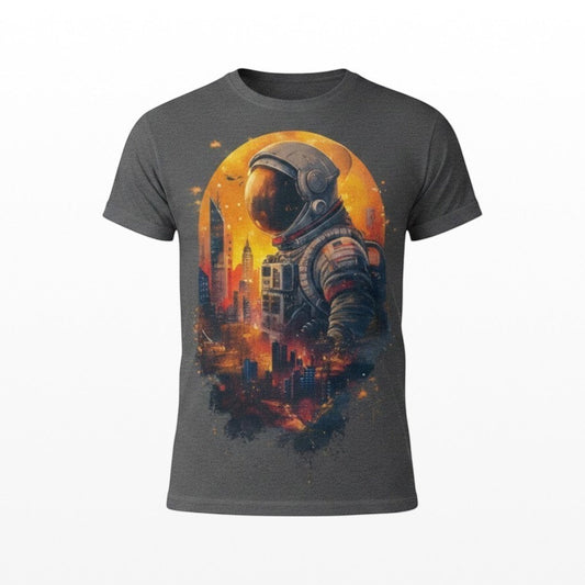 Illustrated Solutions Store grey t-shirt with astronaut and futuristic cityscape graphic. Unisex fit, soft fabric.