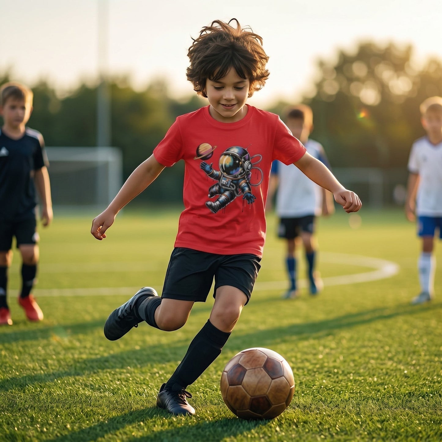 Illustrated Solutions Store red kids t-shirt with space explorer astronaut graphic worn by a boy playing soccer